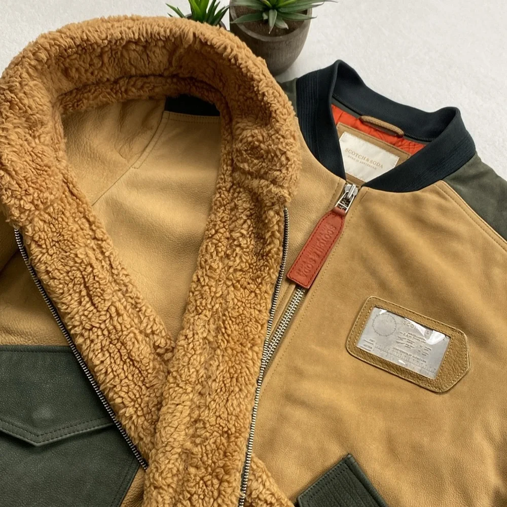 Scotch & Soda Buffalo Leather Removable Faux Shearling Aviator Bomber Jacket - Picture 13 of 16